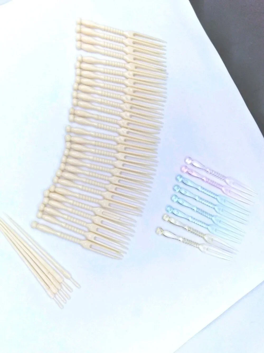 hors d'oeuvre fork tooth picks ivory tone and multicolored plastic vintage
